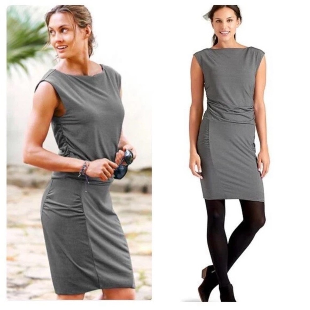 Athleta Westwood Gray and Black Micro Stripe Ruched Tencel Blend Dress Size S